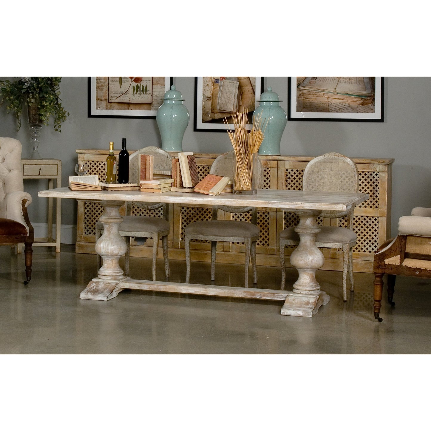 007 S-243504 | Lifestyle | Lionisio Trestle Table by Sarreid Ltd. in ivory and disrupted white finish. Made from wood in a cottage & farmhouse style.