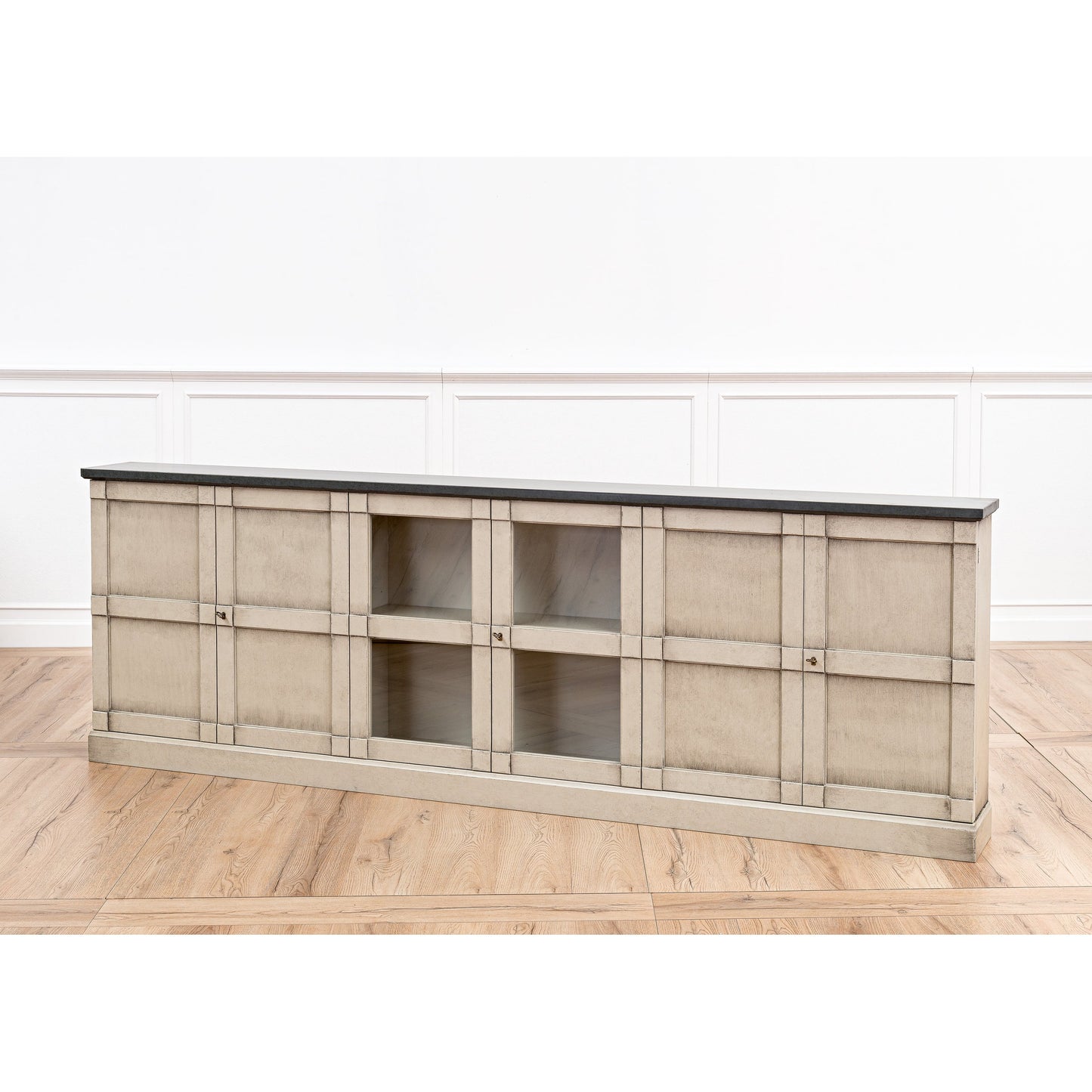 006 SR-858110 | Lifestyle | Six Door Console by Sarreid Ltd. in gray and washed grey base stone grey top. Made from pine in a cottage & farmhouse style.