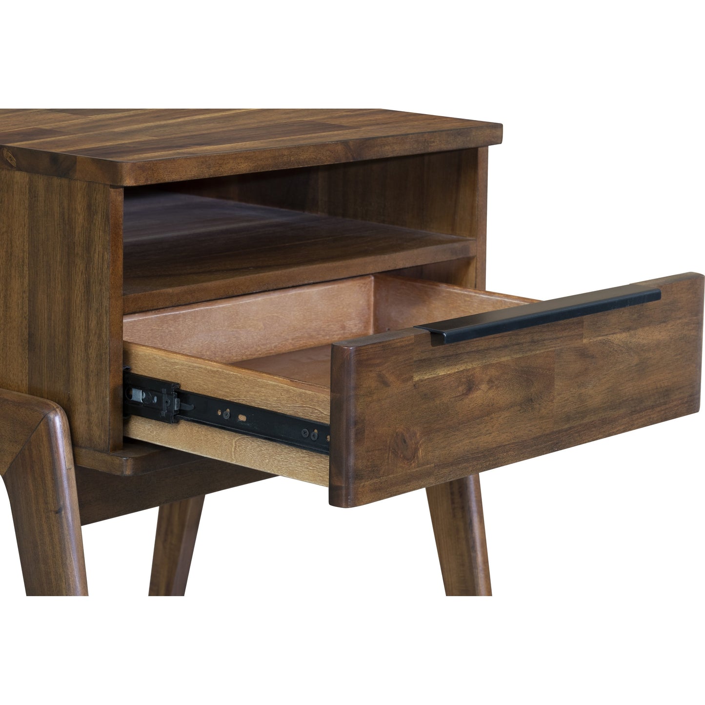 007 SR-379605 | Closeup | Remix Nightstand by LH Imports in brown. Made from solid acacia, veneer in a modern style.