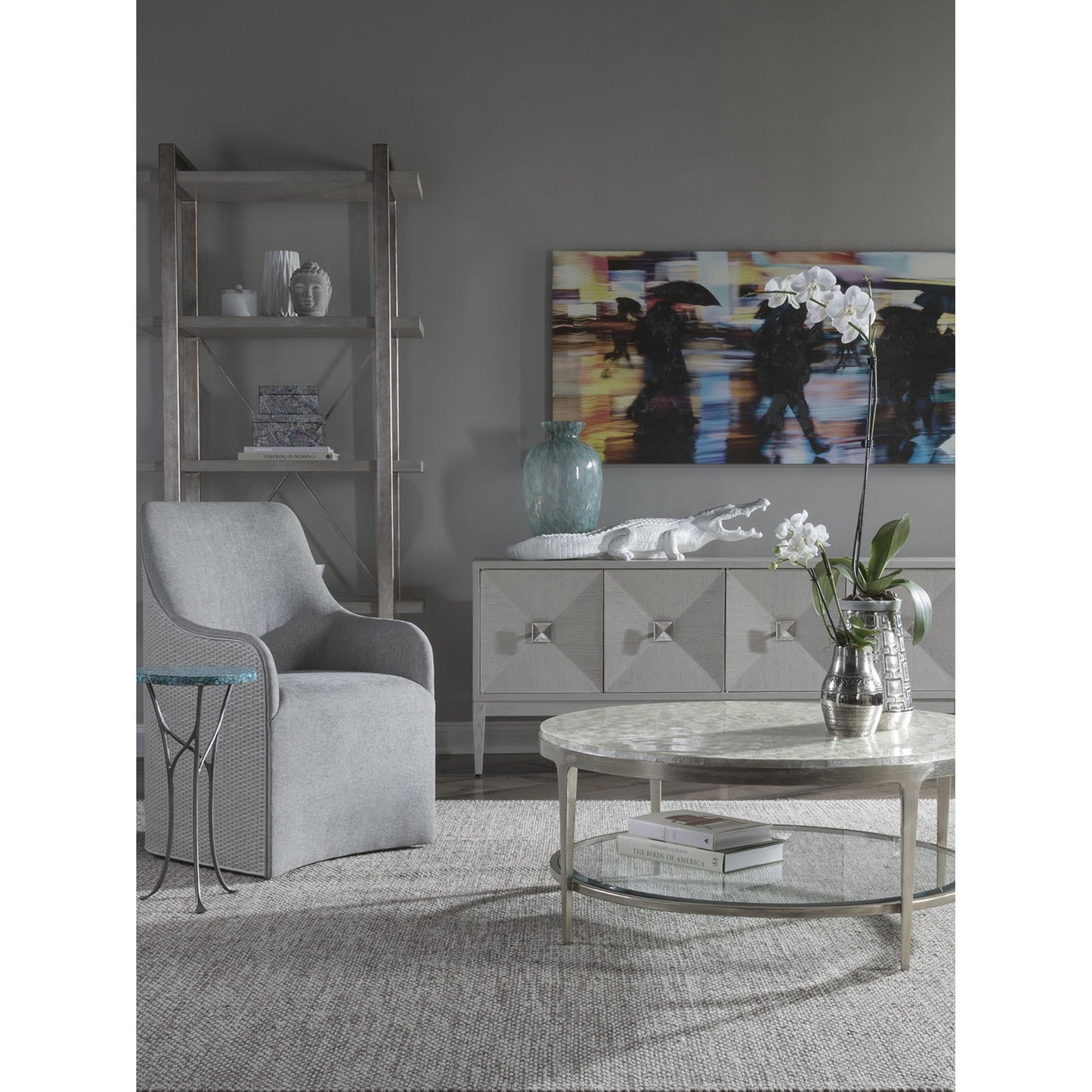 005 SR-834346 | Lifestyle | Gravitas Cocktail Table by Artistica Home in champagne foil. Made from unique in a modern style.