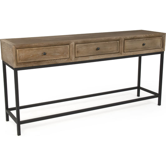 Finneas 3-Drawer Console by Zentique in limed grey oak and limed grey oak, black metal. Made from limed grey oak, black metal in a modern style.