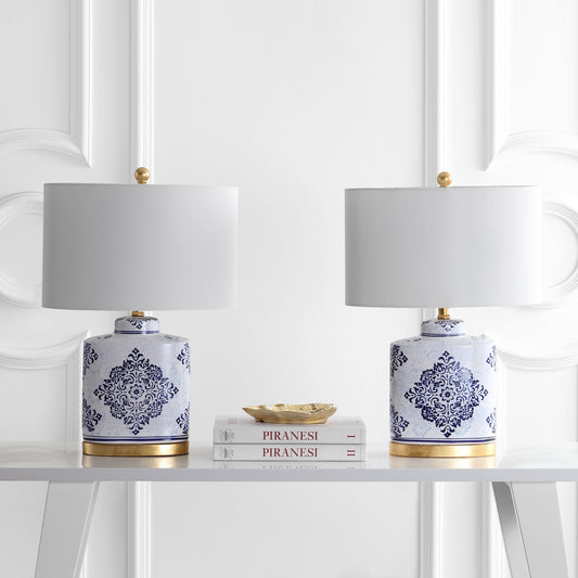 Dimmit Table Lamp (Set of 2) by HedgeApple Essentials in blue, white. Made from ceramic, cotton in a traditional style.