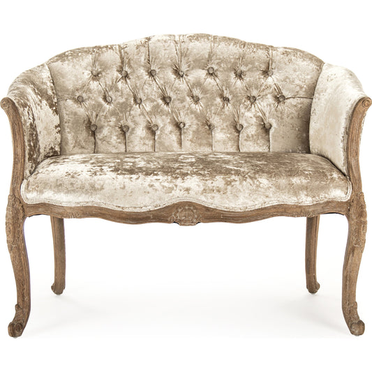 Aadi 2 Seater Chair by Zentique in crushed champagne velvet and limed gray oak. Made from limed grey oak in a traditional style.