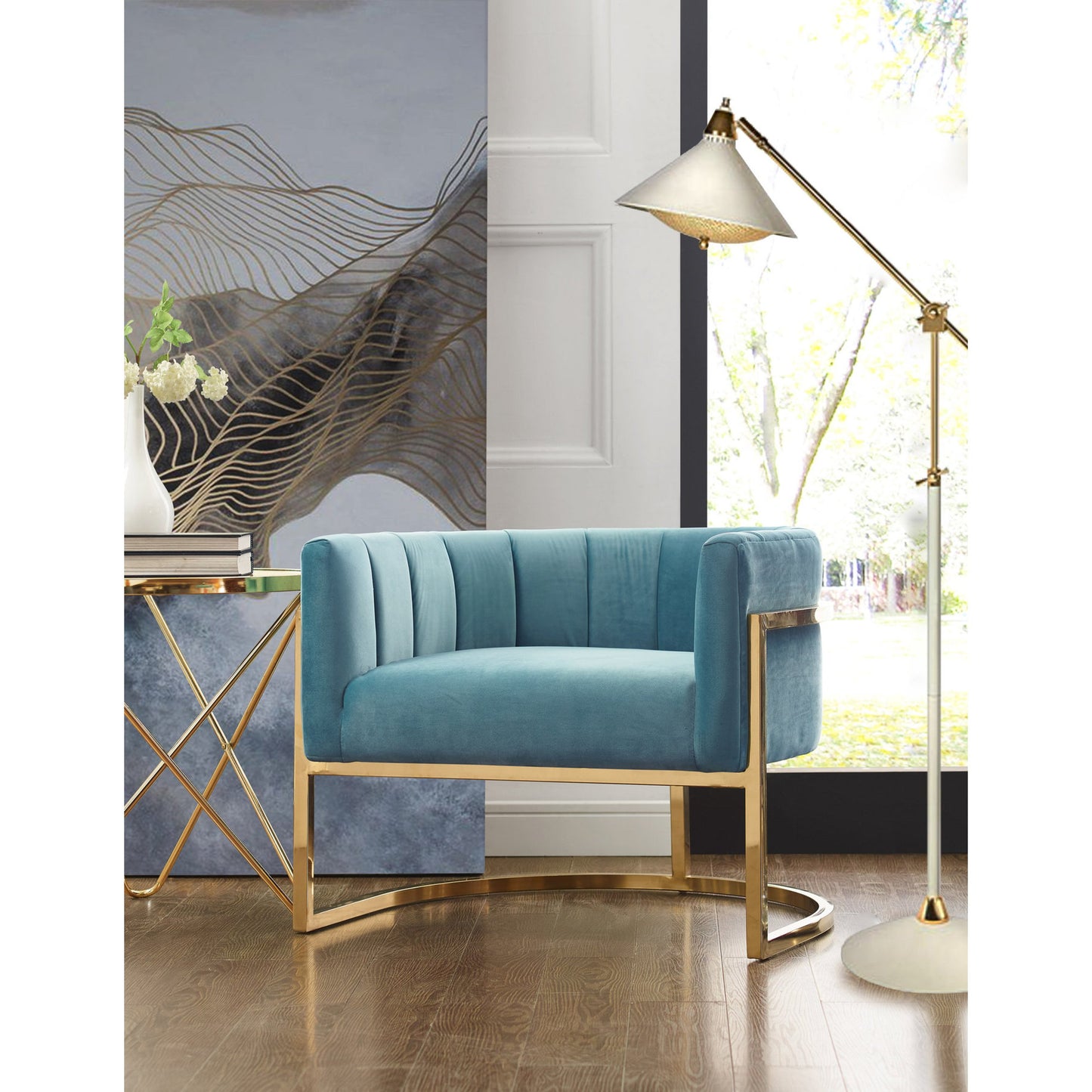 006 S-245590 | Lifestyle | Gold Base Magnolia Chair by TOV Furniture in sea blue. Made from stainless steel, velvet in a modern style.