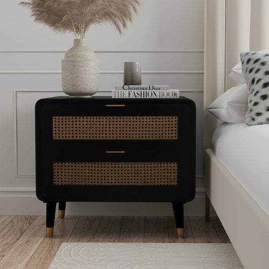 Christine Nightstand by TOV Furniture in black. Made from acacia, mdf, metal in a modern style.