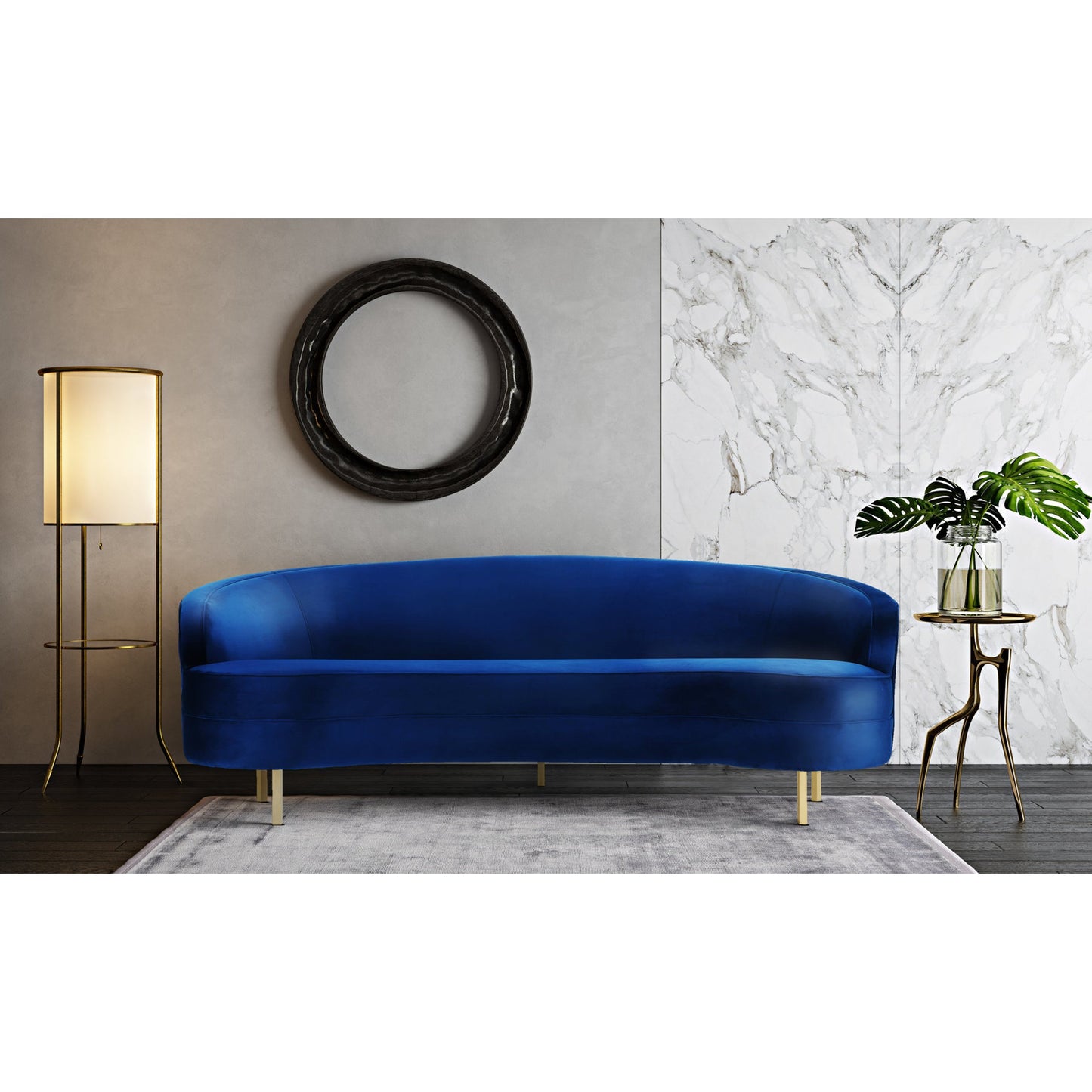 007 S-245290 | Lifestyle | Baila Sofa by TOV Furniture in navy. Made from velvet, wood, stainless steel in a modern style.