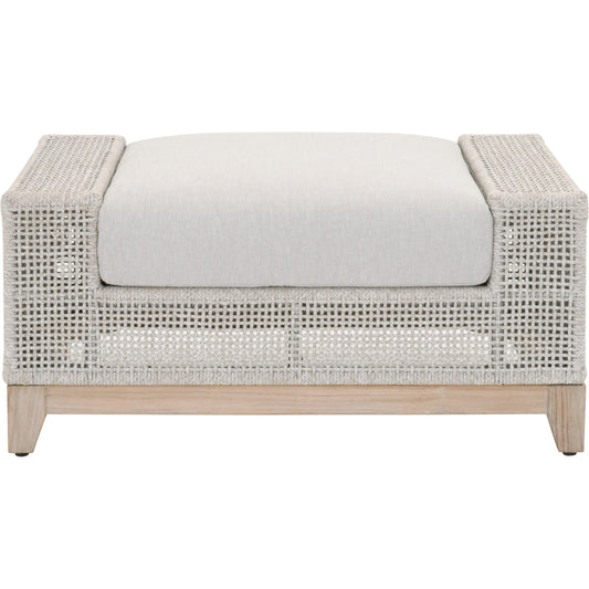 Indian Ottoman by Essentials For Living in taupe, white flat rope, pumice, gray teak. Made from solid teak wood, aluminum, polyolefin rope, 100% olefin fabric, foam in a coastal style.