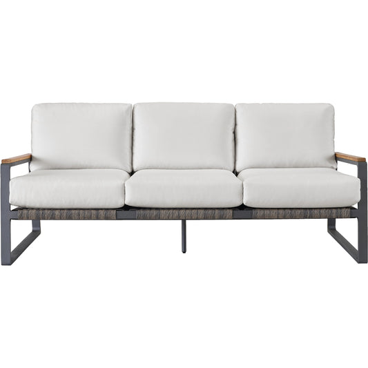 San Clemente Sofa by Coastal Living by Universal Furniture in stainless steel and grade a natural teak, carbon aluminum, brindle wicker. Made from unique in a modern style.