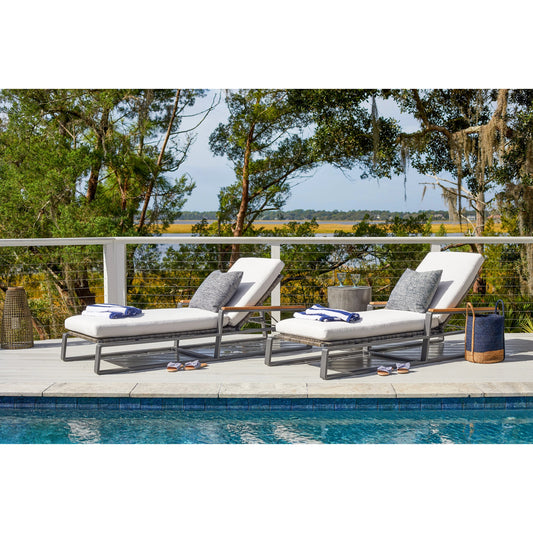 San Clemente Chaise Lounge by Coastal Living by Universal Furniture in stainless steel and natural teak, carbon aluminum, brindle wicker. Made from unique in a coastal style.