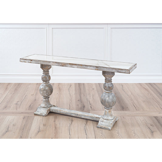 Double Pedestal Console by Sarreid Ltd. in gray and grey oak calacatta gloss porcelain. Made from wood, porcelain in a cottage & farmhouse style.