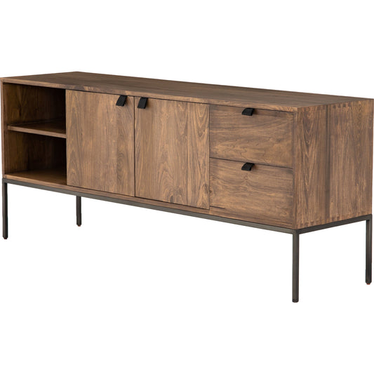 Trey Media Console by Four Hands. Made from solid poplar, top grain leather, iron in a modern style.