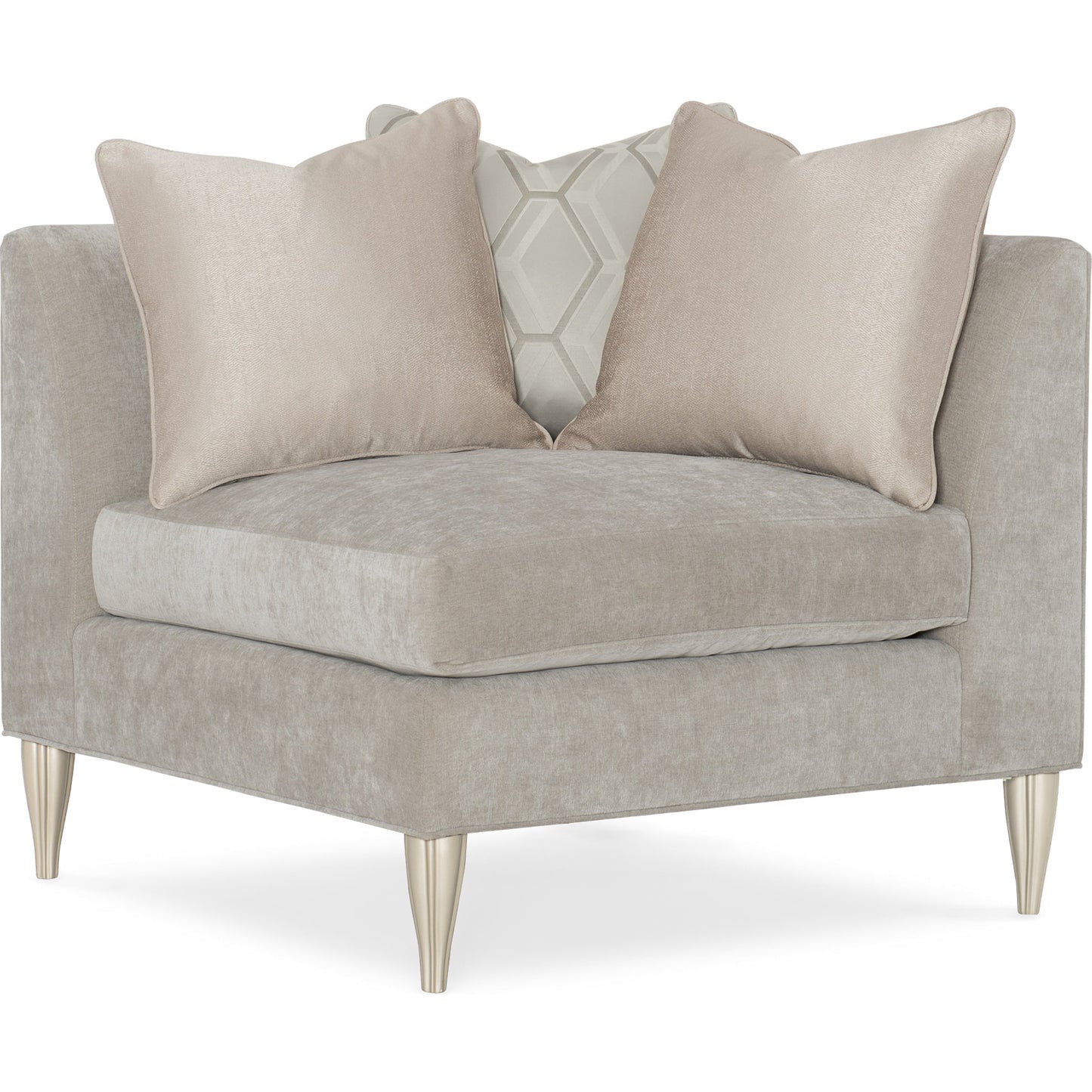 002 SR-877734 | Additional Silo | Fret Knot Corner Chair by Caracole in silver and soft silver paint. Made from birch in a transitional style.
