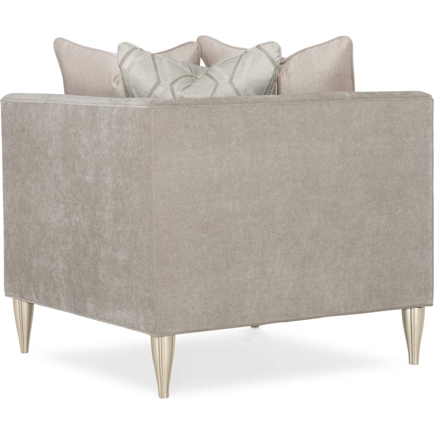 003 SR-877734 | Additional Silo | Fret Knot Corner Chair by Caracole in silver and soft silver paint. Made from birch in a transitional style.