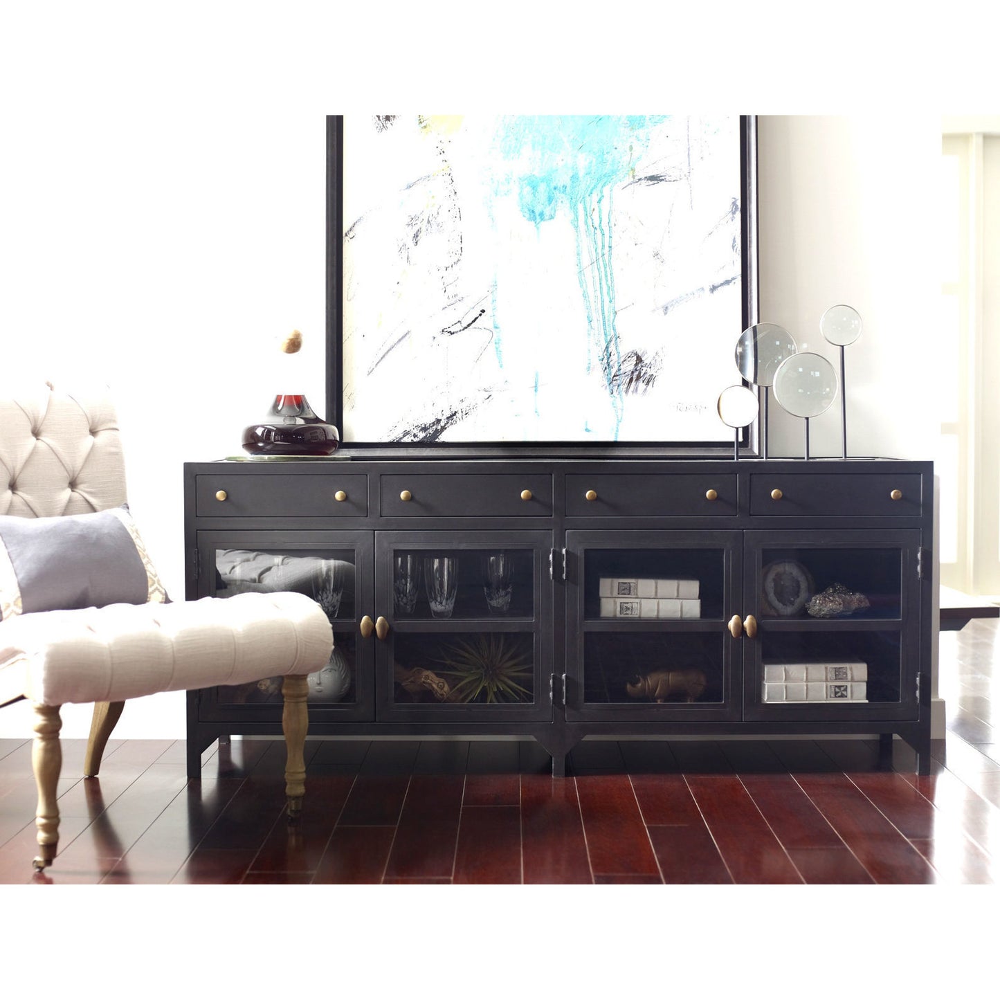 013 S-258369 | Lifestyle | Shadow Box Media Console by Four Hands in black. Made from iron in a modern style.