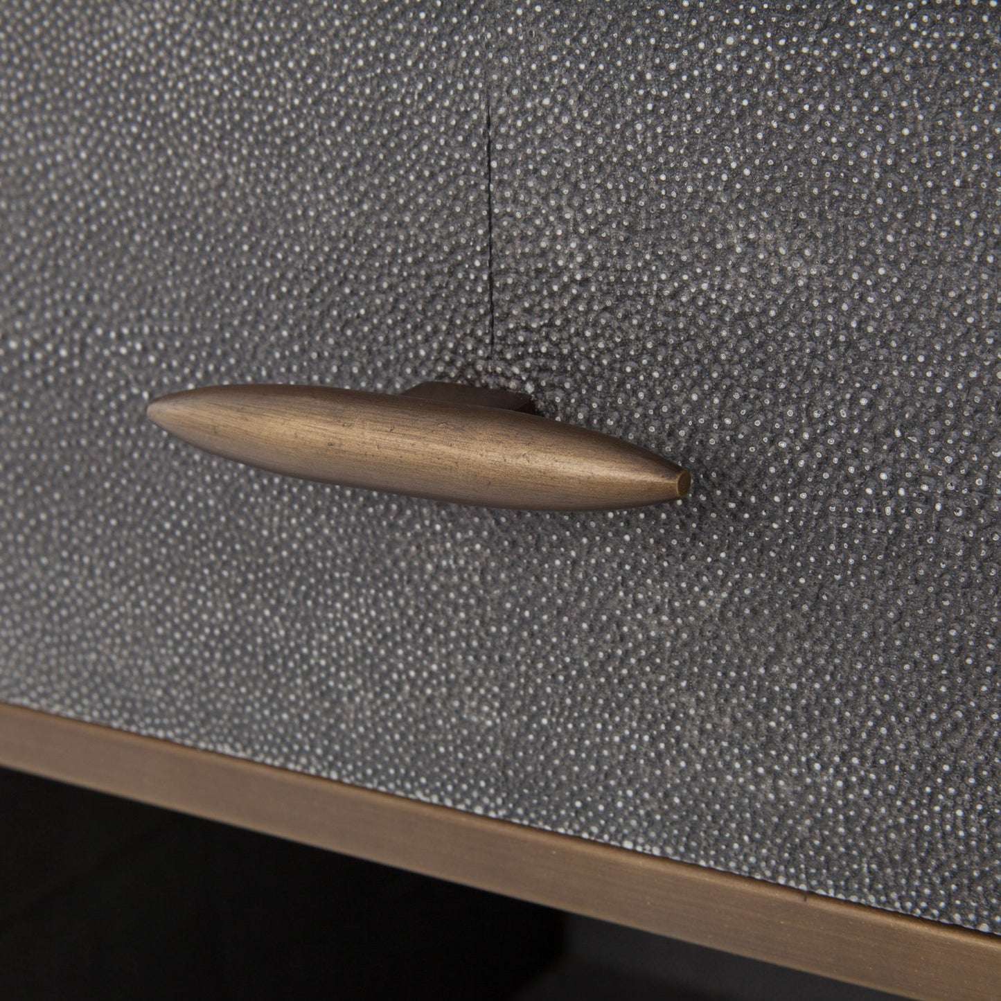 003 S-258370 | Additional Silo | Shagreen Bedside Table by Four Hands in gray and antique brass, gray shagreen. Made from faux shagreen, iron in a modern style.