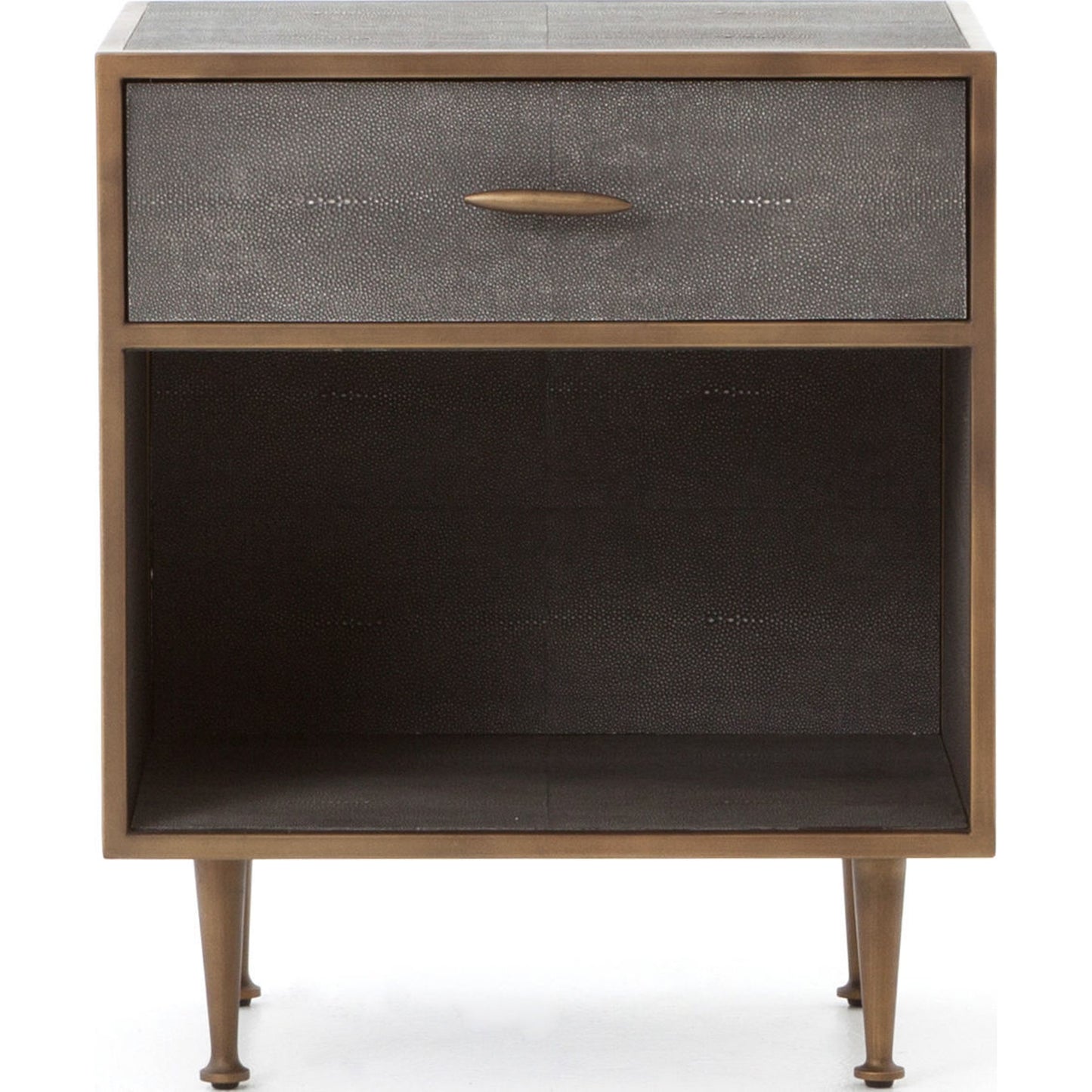 007 S-258370 | Additional Silo | Shagreen Bedside Table by Four Hands in gray and antique brass, gray shagreen. Made from faux shagreen, iron in a modern style.