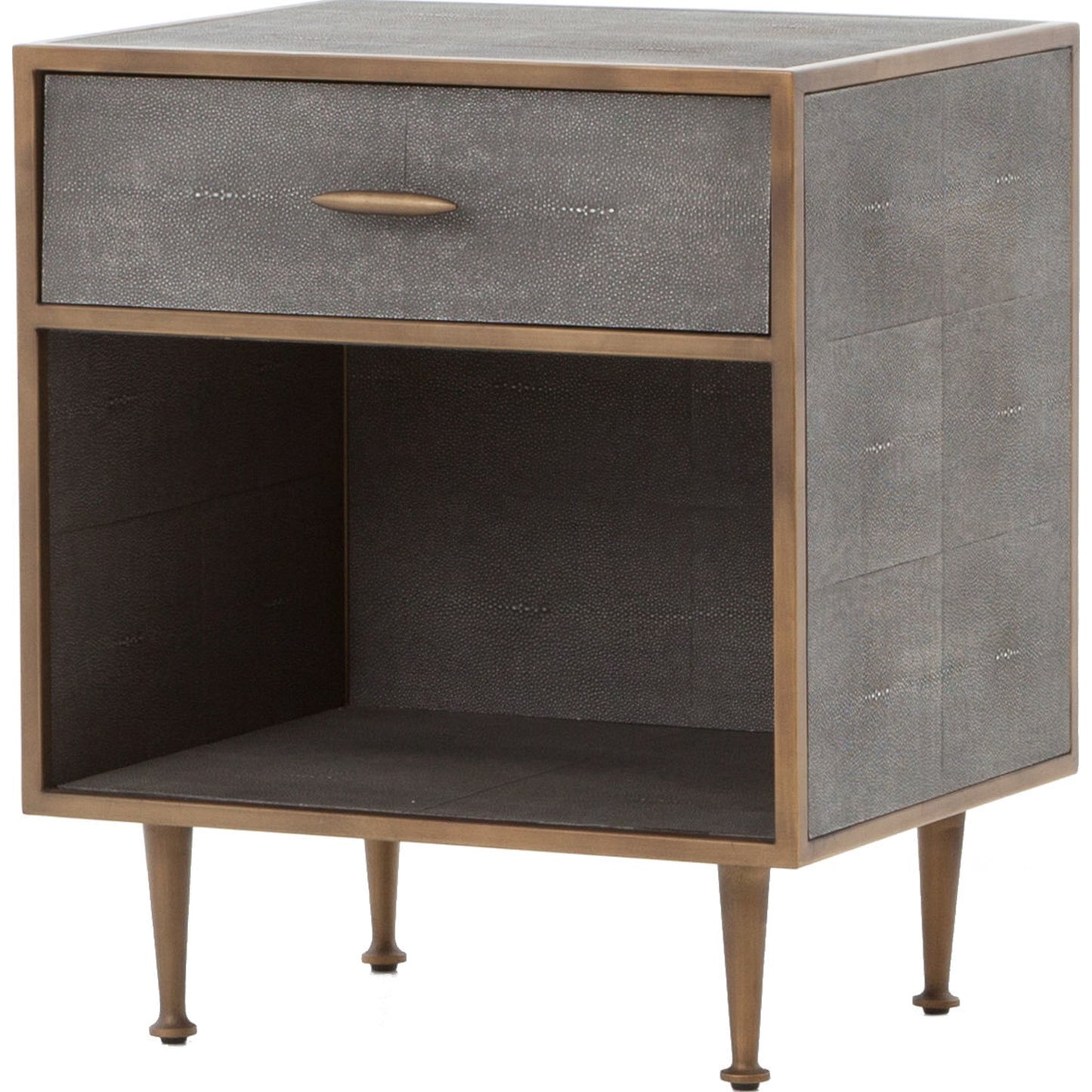 001 S-258370 | Additional Silo | Shagreen Bedside Table by Four Hands in gray and antique brass, gray shagreen. Made from faux shagreen, iron in a modern style.