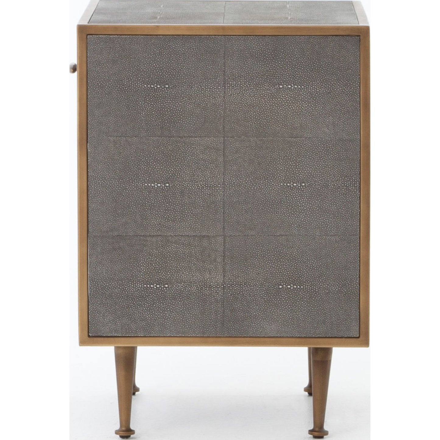 008 S-258370 | Additional Silo | Shagreen Bedside Table by Four Hands in gray and antique brass, gray shagreen. Made from faux shagreen, iron in a modern style.