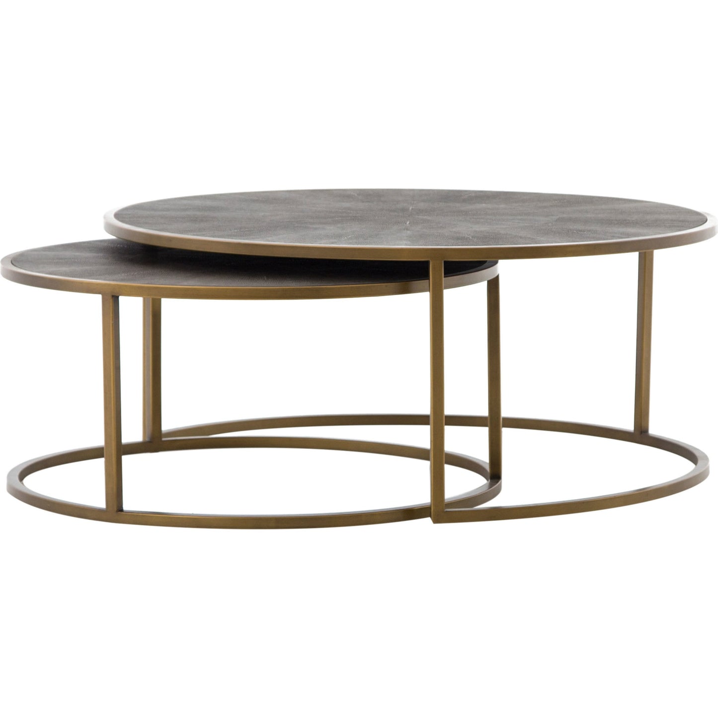 001 S-338940 | Additional Silo | Shagreen Nesting Coffee Table by Four Hands in antique brass, gray shagreen. Made from faux shagreen, iron, engineered hardwood in a transitional style.