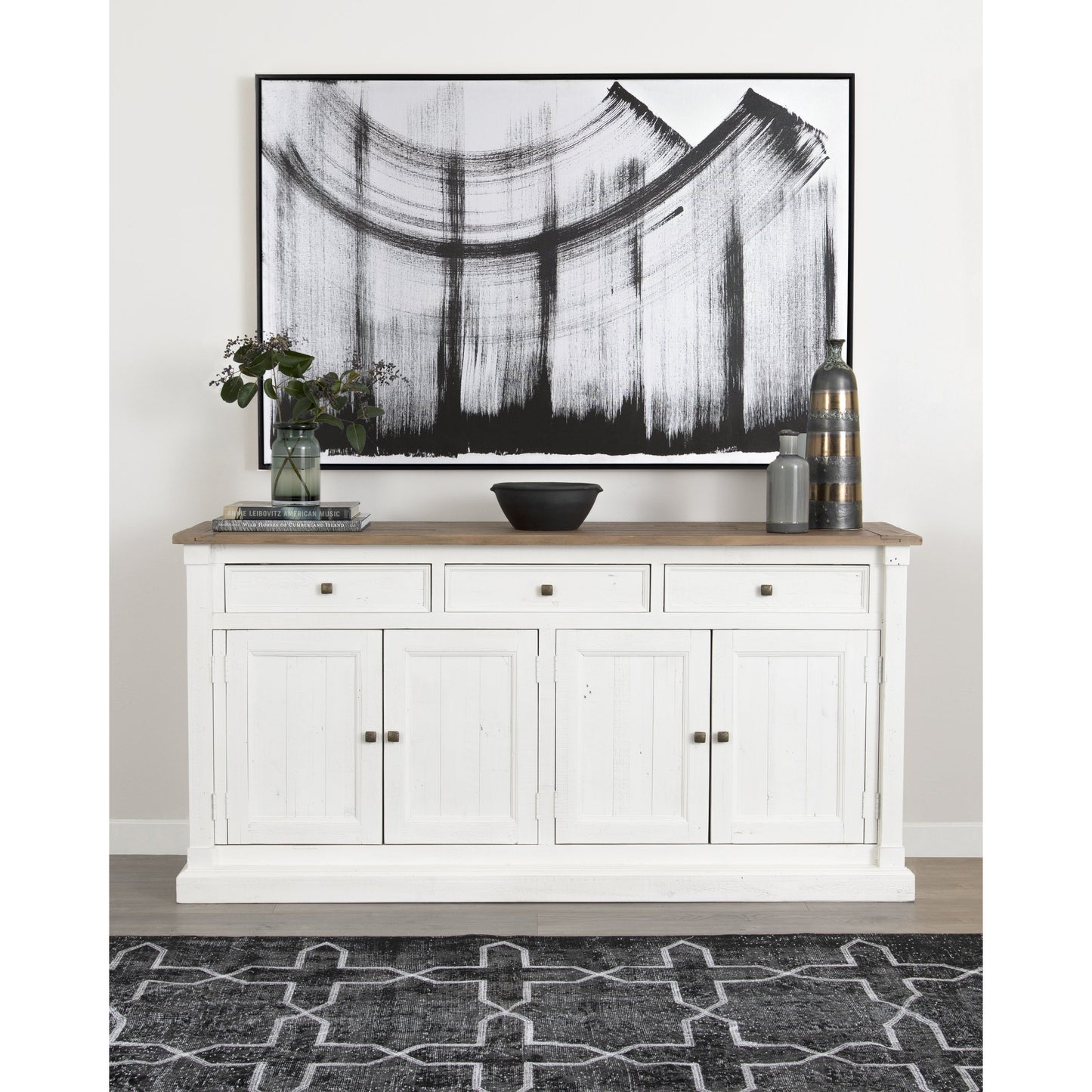 009 S-279237 | Lifestyle | Cintra Sideboard by Four Hands in limestone white, driftwood natural. Made from solid mixed reclaimed wood in a cottage & farmhouse style.