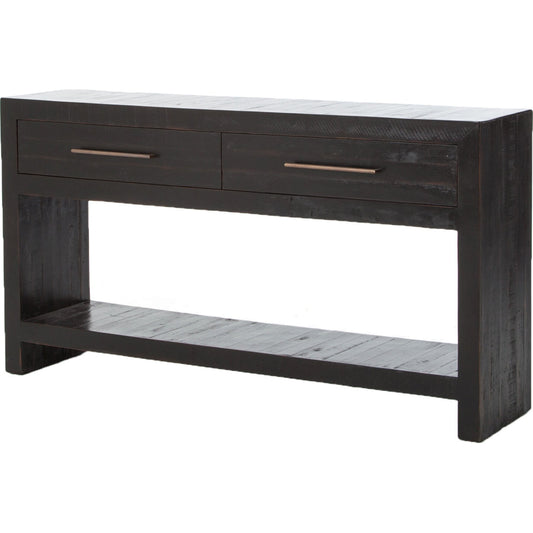 Suki Console Table by Four Hands in burnished black. Made from resawn mixed wood in a modern style.