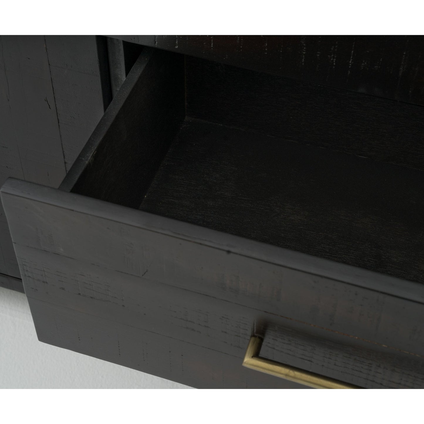 004 S-279530 | Additional Silo | Suki Large Media Console by Four Hands in burnished black. Made from resawn mixed wood, mixed wood solid in a modern style.