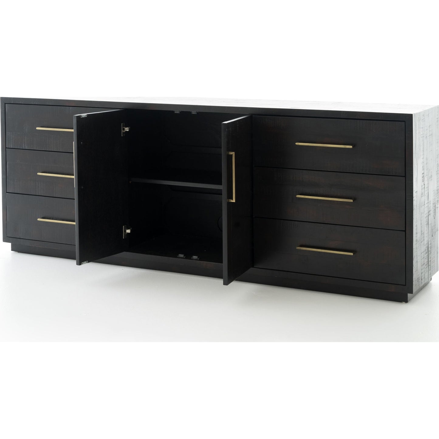 007 S-279530 | Additional Silo | Suki Large Media Console by Four Hands in burnished black. Made from resawn mixed wood, mixed wood solid in a modern style.