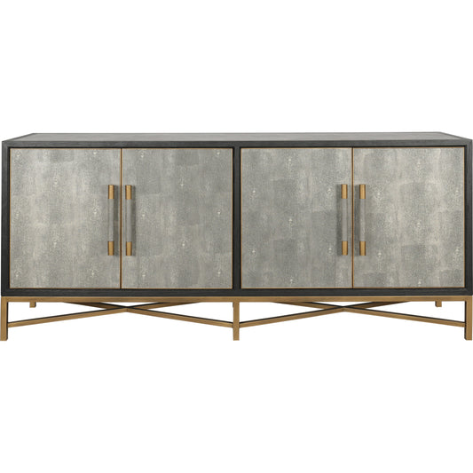 Mako Sideboard by Moe's Home Collection. Made from shagreen patterned polyurethane, solid black oak frame, brass legs, plywood on door, side panel, top panel back panel in a modern style.