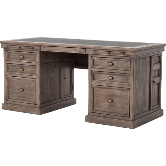 Lifestyle Desk by Four Hands in sundried ash, black. Made from solid mixed reclaimed wood, faux leather in a cottage & farmhouse style.