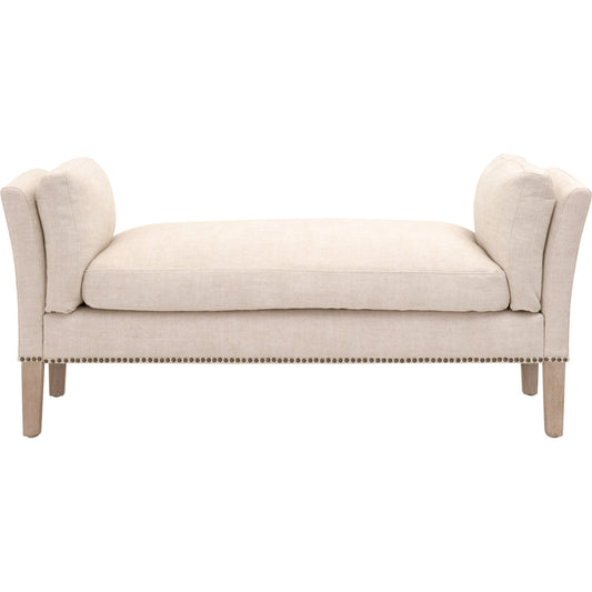 Warner Bench by Essentials For Living in natural gray ash, bisque french linen. Made from solid ash wood, plywood, 50% linen, 50% polyester fabric, foam in a traditional style.