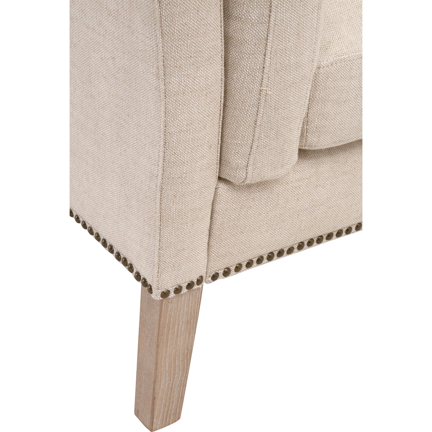 002 SR-888833 | Closeup | Warner Bench by Essentials For Living in natural gray ash, bisque french linen. Made from solid ash wood, plywood, 50% linen, 50% polyester fabric, foam in a traditional style.