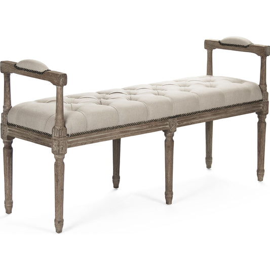 Nicolas Tufted Bench by Zentique in limed gray oak. Made from limed grey oak in a traditional style.