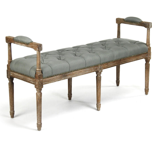 Nicolas Tufted Bench by Zentique in limed gray oak. Made from limed grey oak in a traditional style.
