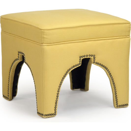 Marnix Cubic Stool by Zentique in yellow linen and oak. Made from oak in a transitional style.