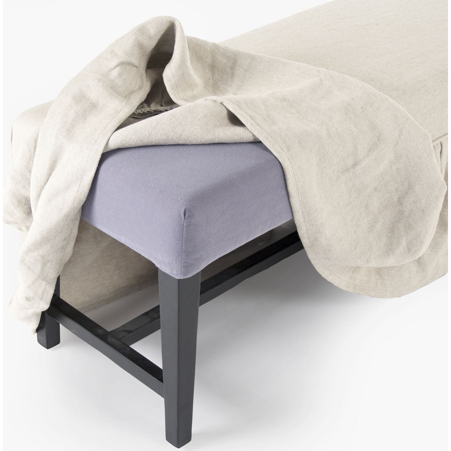 001 S-337095 | Closeup | Elena Bench by Zentique. Made from recycled wood; linen/cotton blend slipcover in a traditional style.