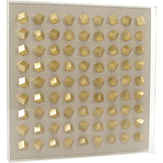 001 S-337269 | Primary Silo | Golden Cubes in Acrylic Wall Art by Zentique in natural linen and gold plastic cube, acrylic frame. Made from acrylic, mdf in a modern style.