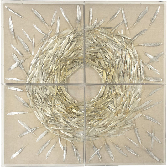 Abstract Feather Art by Zentique in gold, silver leaf, neutral background and feathers, linen. Made from acrylic, feathers, mdf in a modern style.