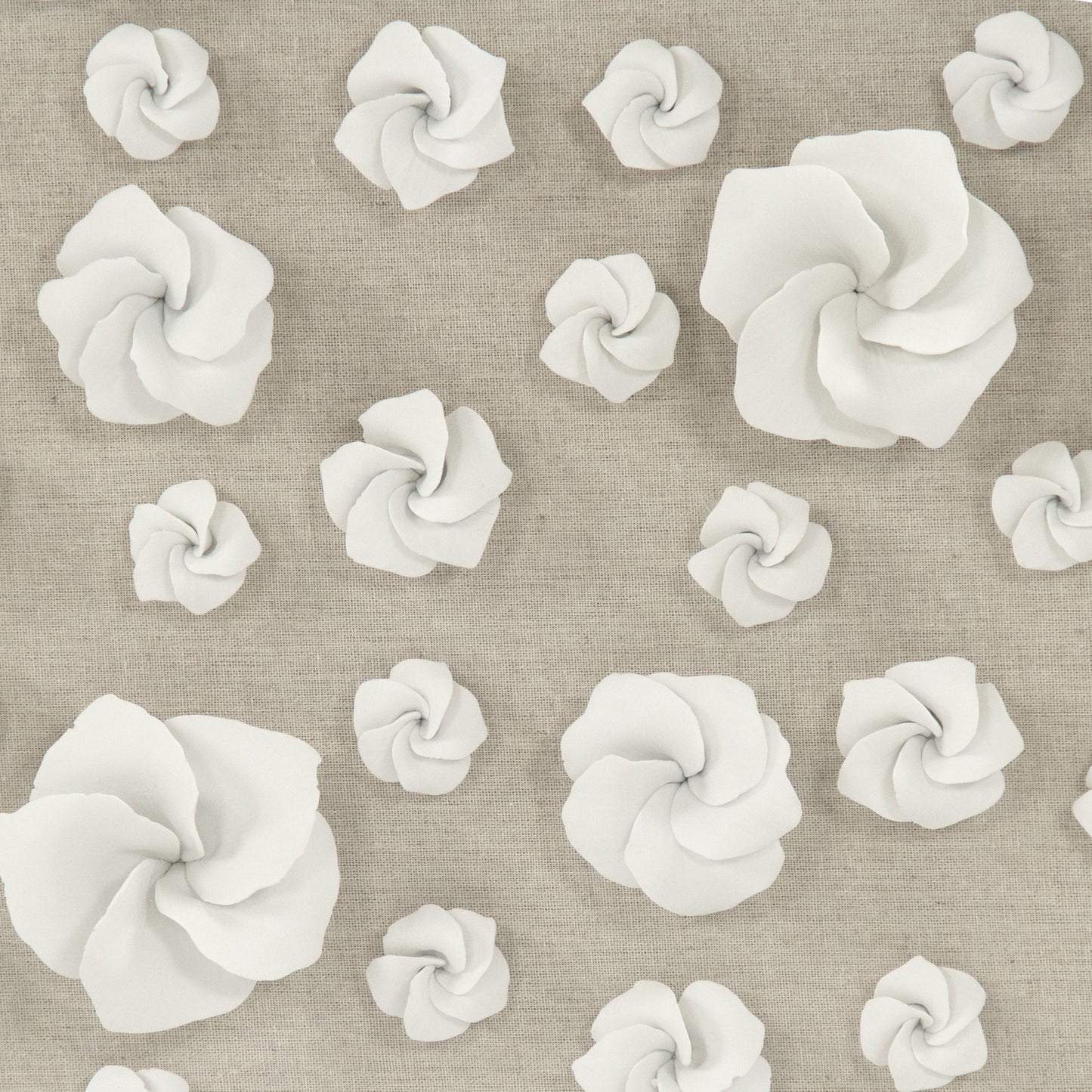 003 S-337161 | Closeup | Flowers in Acrylic Wall Art by Zentique in natural linen and white ceramic flowers, acrylic frame. Made from acrylic, ceramic, mdf in a modern style.