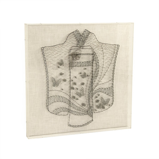 Kimono String Acrylic Frame Wall Art II by Zentique in black, natural and acrylic, string, pins, linen, mdf. Made from acrylic, pins, linen, mdf in a eclectic & global style.