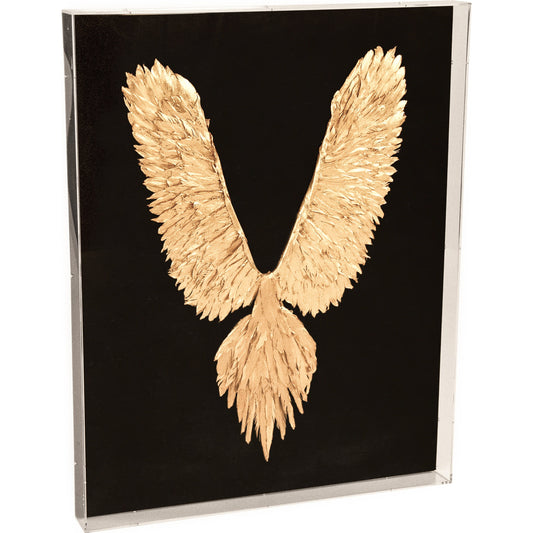Abstract Gold Leaf Feather Bird Wall Art by Zentique in gold, black. Made from feathers, linen, acrylic in a transitional style.