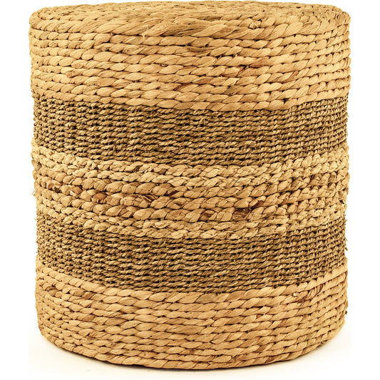Woven Cylinder Striped Stool by Zentique in brown and water hyacinth, corn husk. Made from corn husk in a coastal style.