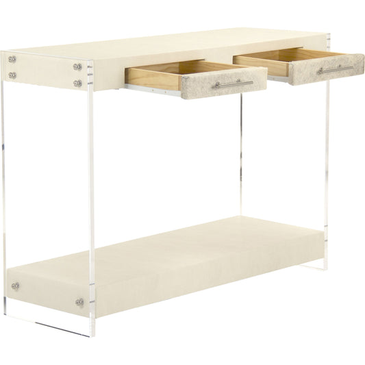 Parker Acrylic Console by Zentique in white vinyl, gray cowhide and acrylic. Made from unique in a modern style.