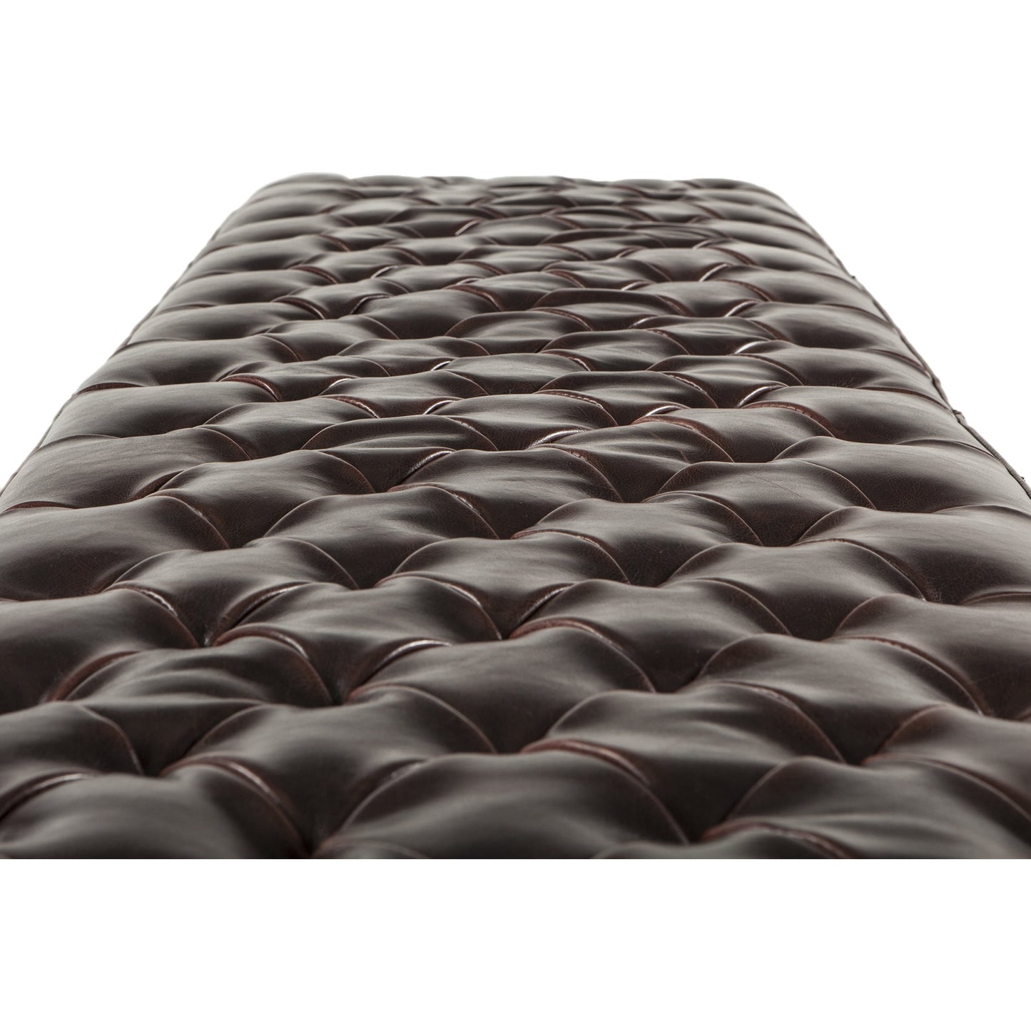 008 SR-876817,SR-876818 | Closeup | Arabella Leather Bench by World Interiors in brown and antique bronze. Made from birch wood, iron, bi-cast leather in a modern style.
