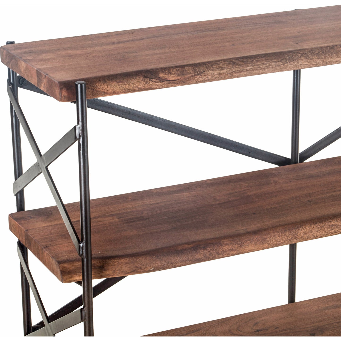 005 SR-876890 | Closeup | Blayne 56-Inch Live-Edge Bookshelf by World Interiors in brown and raw walnut, antique zinc. Made from acacia wood, iron in a modern style.