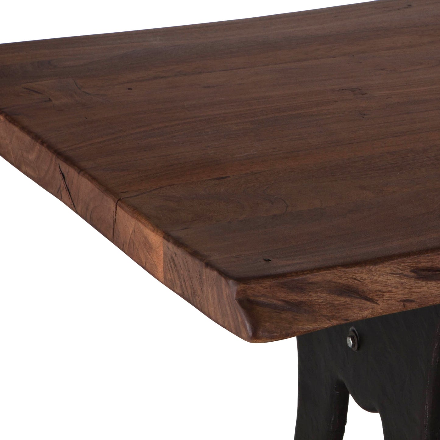 005 SR-876893 | Closeup | Blayne 80" Live-Edge Dining Table by World Interiors in brown and natural walnut, antique zinc. Made from acacia wood, cast iron in a modern style.