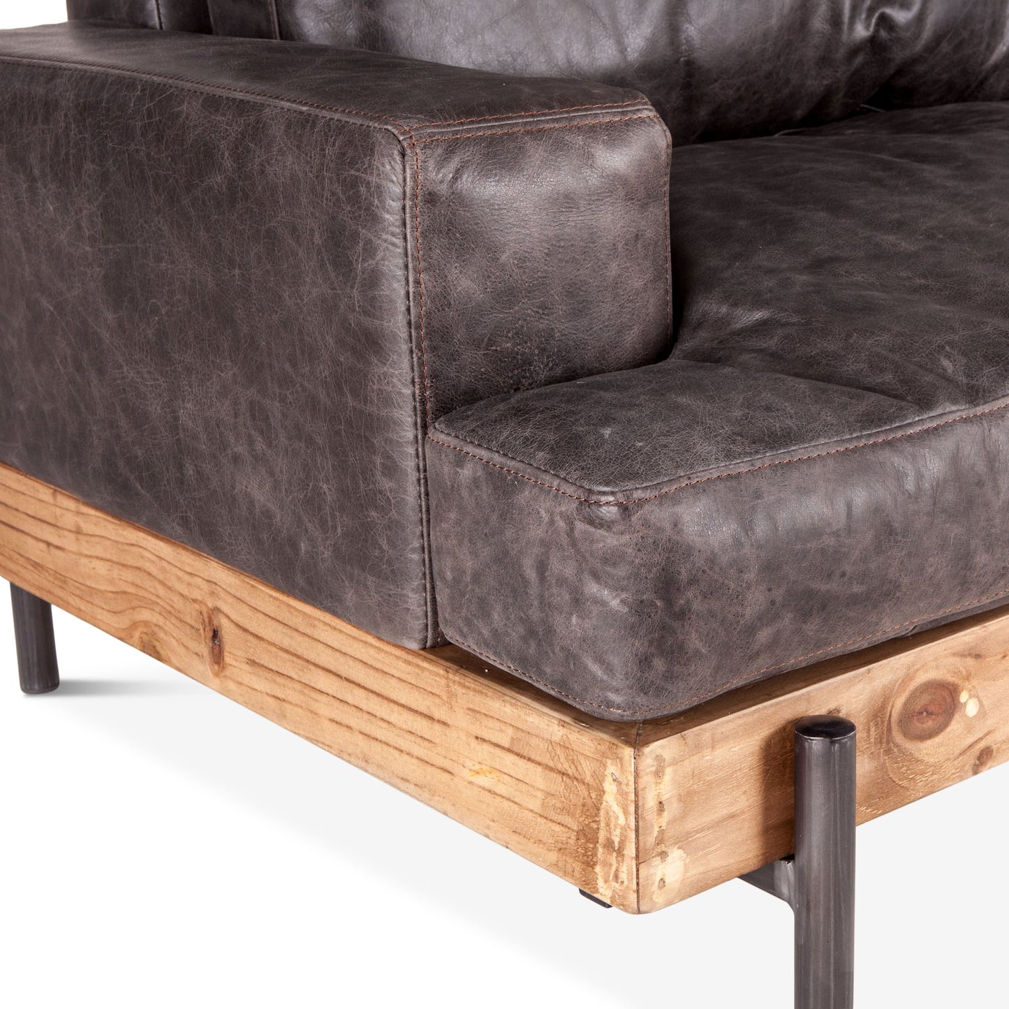 005 SR-876925 | Closeup | Chiavari Sofa by World Interiors in brown and distressed, antique zinc. Made from leather, iron, oak wood in a modern style.