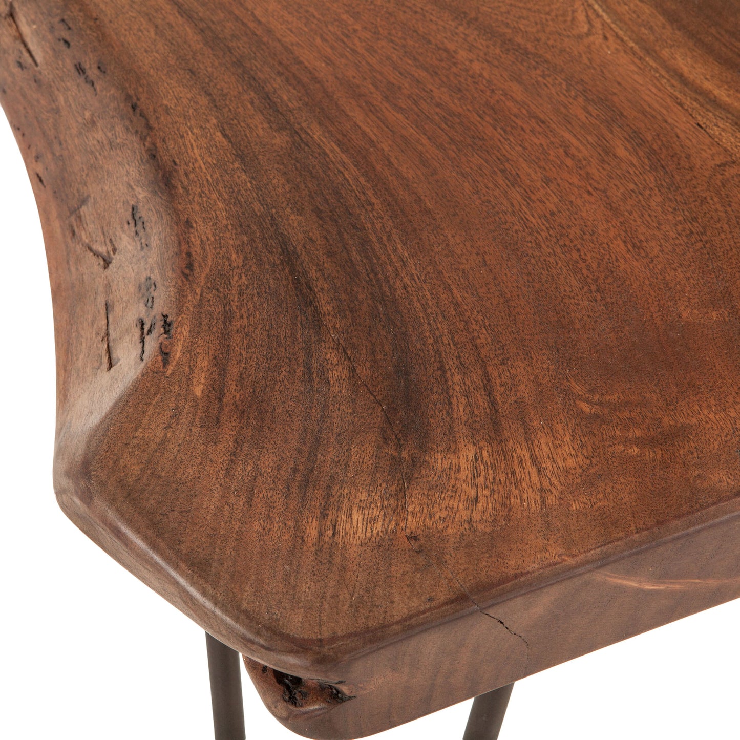 003 SR-877000 | Closeup | Grandby Dining Bench by World Interiors in brown and walnut, antique zinc. Made from acacia wood, steel in a modern style.