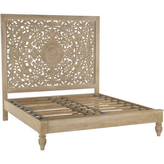 Haveli Handcarved Bed by World Interiors in brown and weathered whitewash. Made from mango wood in a cottage & farmhouse style.