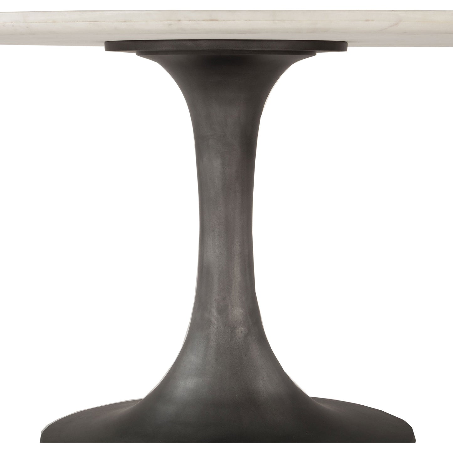 004 SR-877080 | Closeup | Palm Desert Marble Dining Table with Tulip Base by World Interiors in white and gunmetal. Made from marble, aluminum in a modern style.