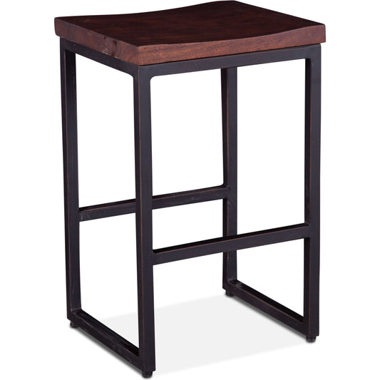 Amici Counter Stool by World Interiors in brown and walnut, antique zinc. Made from acacia wood, iron in a modern style.